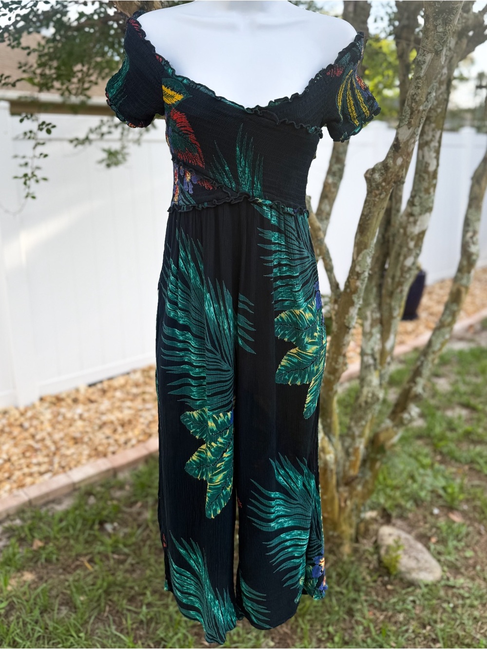 Parons of Peace Tropical Smocked Off Shoulder Jumpsuit Small